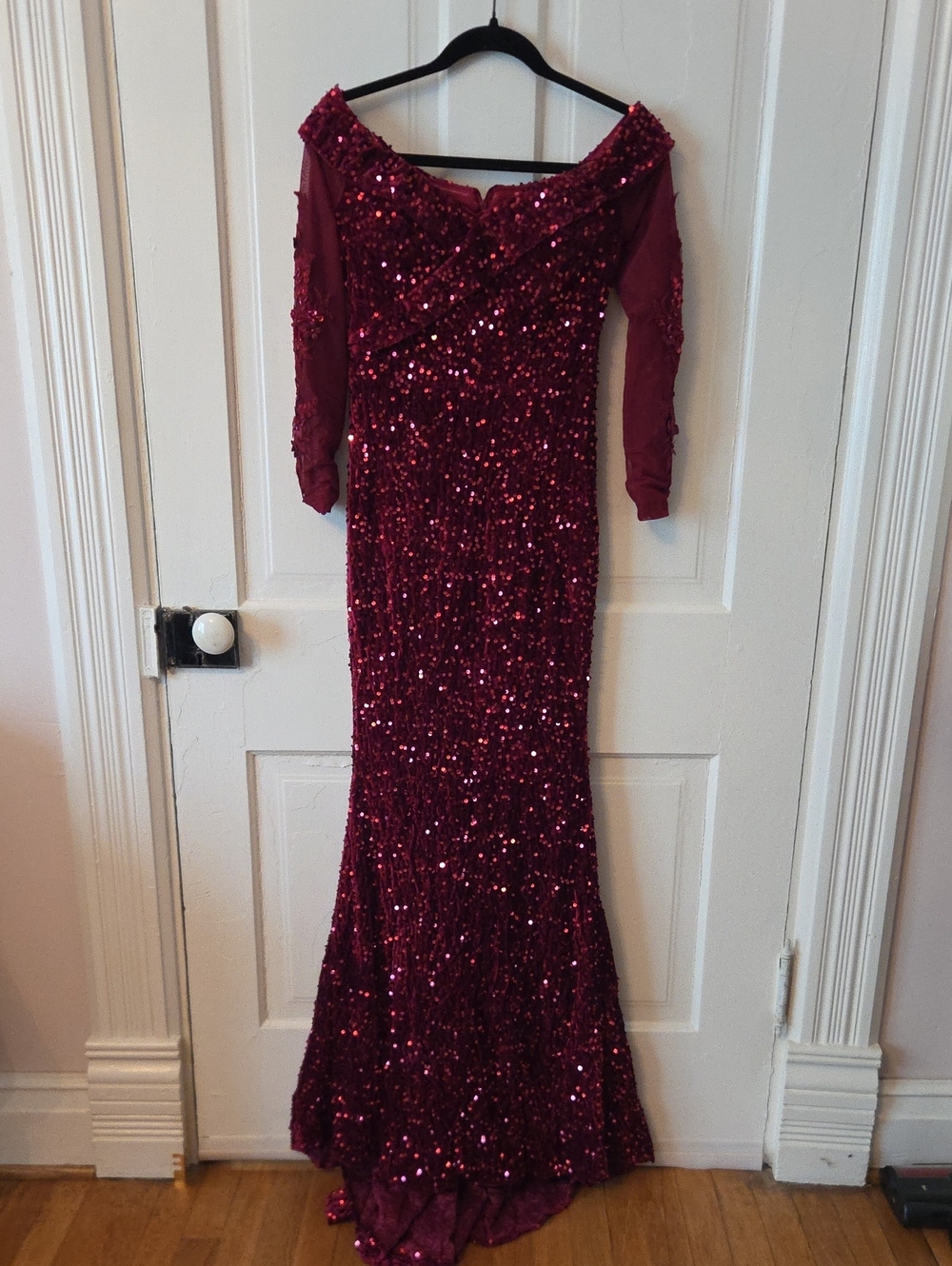 Sequin Off-Shoulder Burgundy Prom Dress